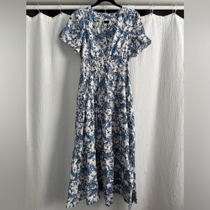 Anthropologie Blue and White Flutter Sleeve Maxi Dress